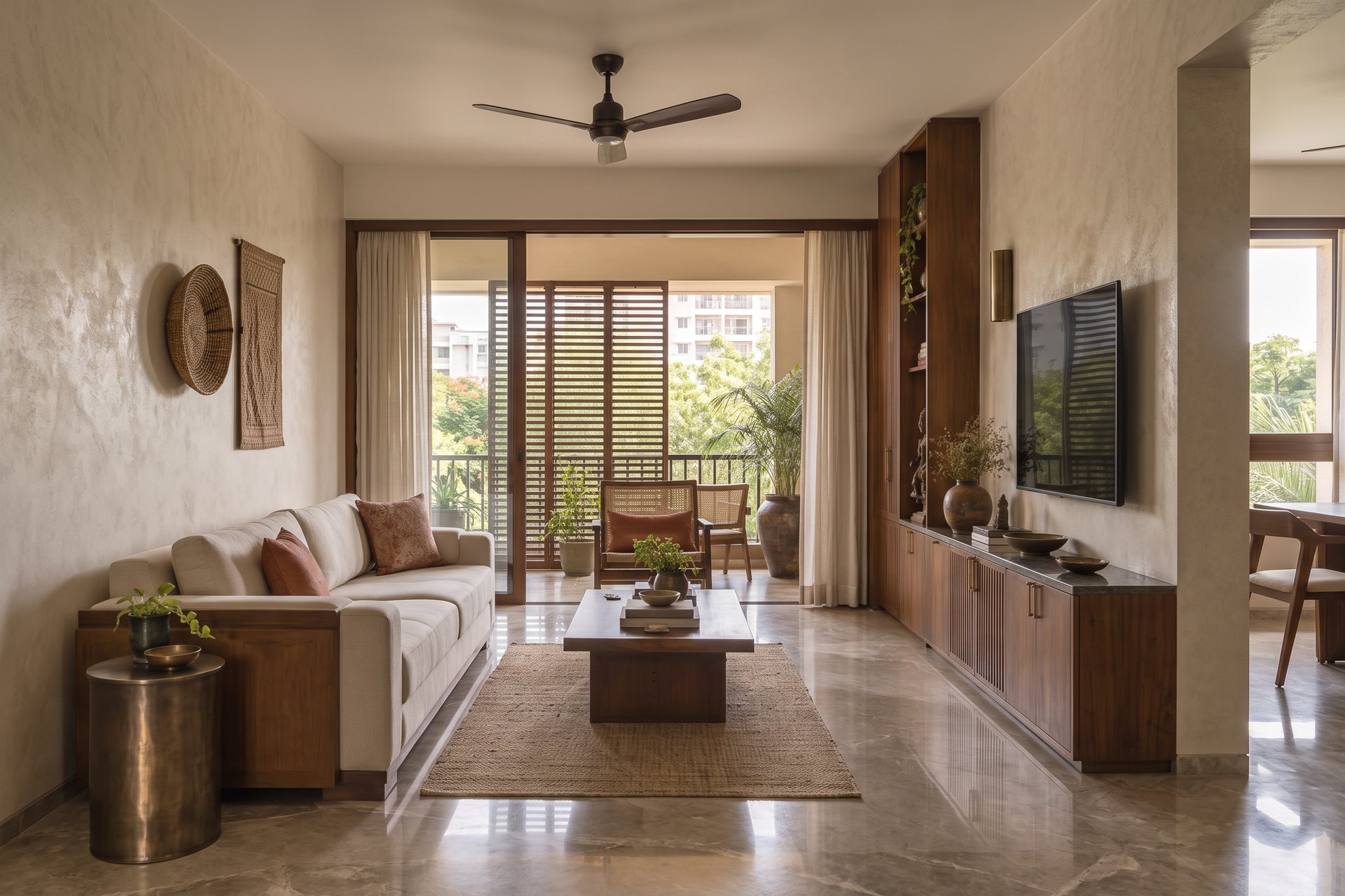 Warm Chennai living room with teak cabinetry, cane seating and natural light