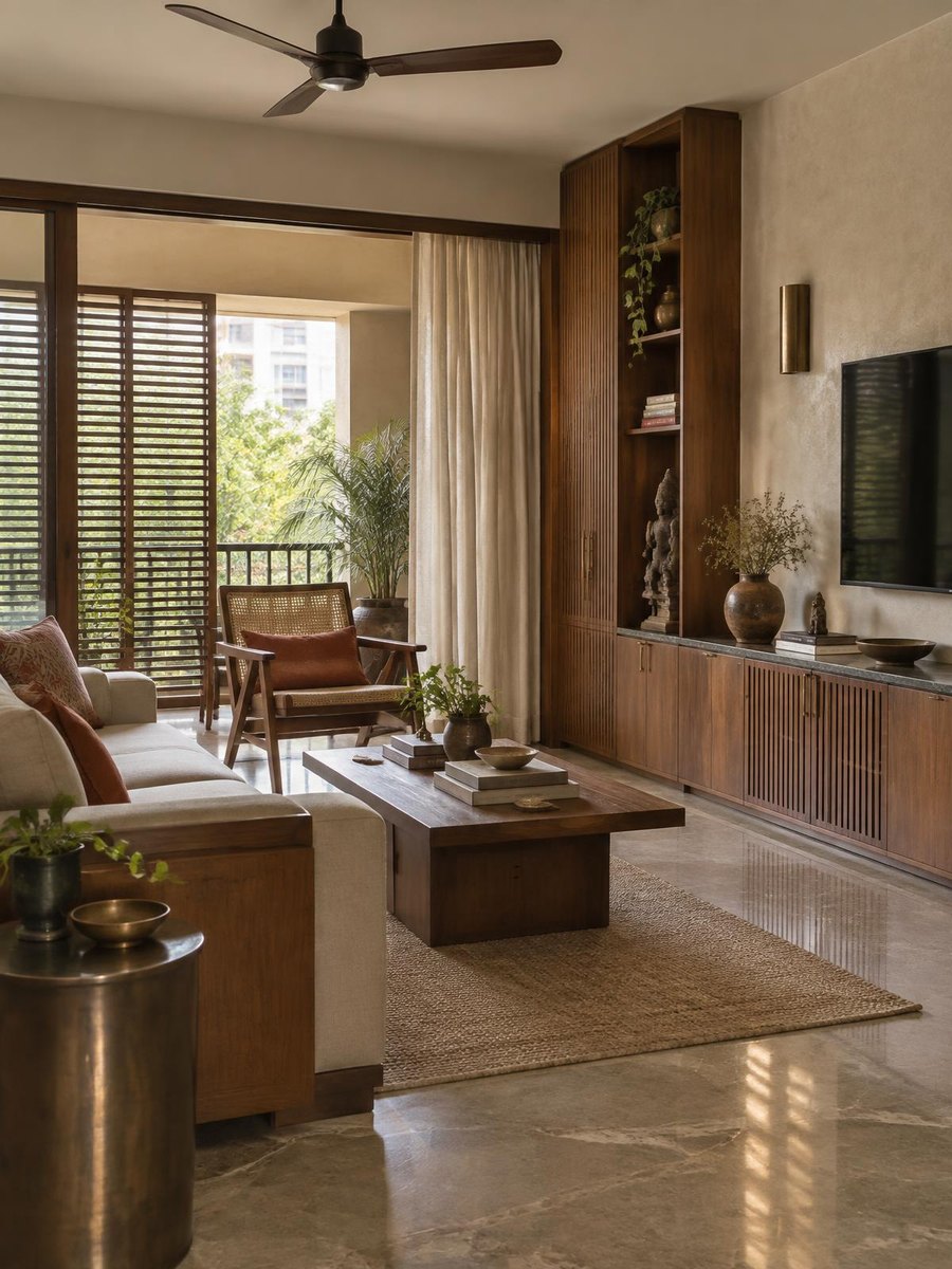 Warm Chennai living room with teak cabinetry, cane seating and natural light