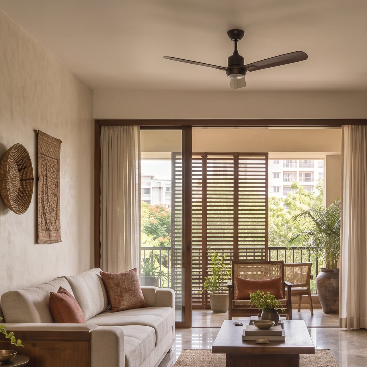 Warm Chennai living room with teak cabinetry, cane seating and natural light