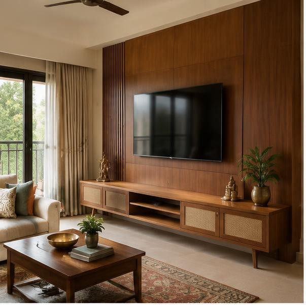 Teak media wall in a completed Chennai apartment